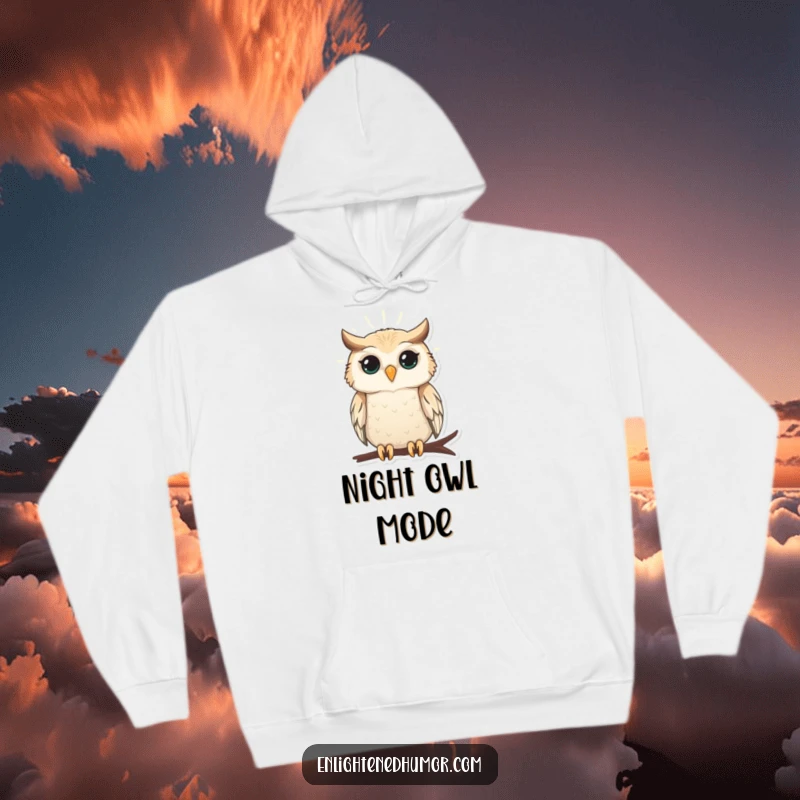 Funny hoodie featuring a serene owl radiating gentle light, symbolizing profound wisdom and cozy humor.
