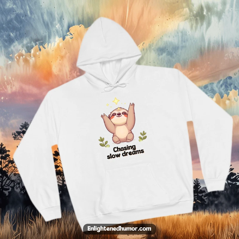 Funny kawaii sloth hoodie featuring a smiling creature reaching for a shining light, offering warmth and dreamy inspiration.