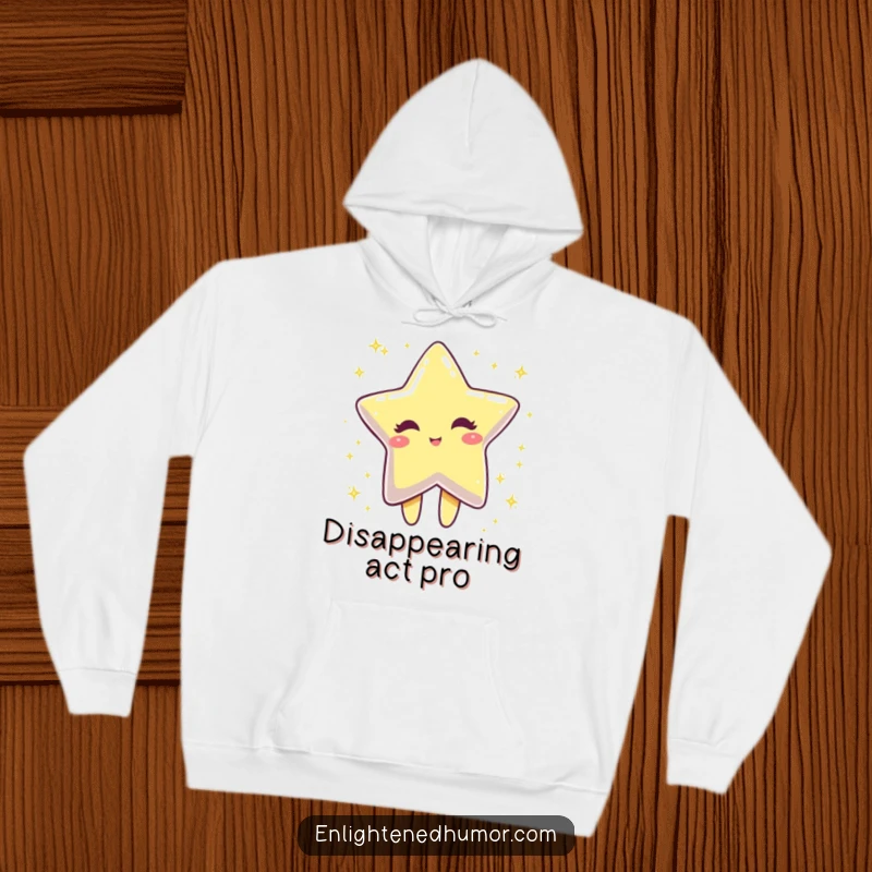Funny winking star character wearing a hoodie, dissolving into sparkling dust, comfortable and humorous apparel.