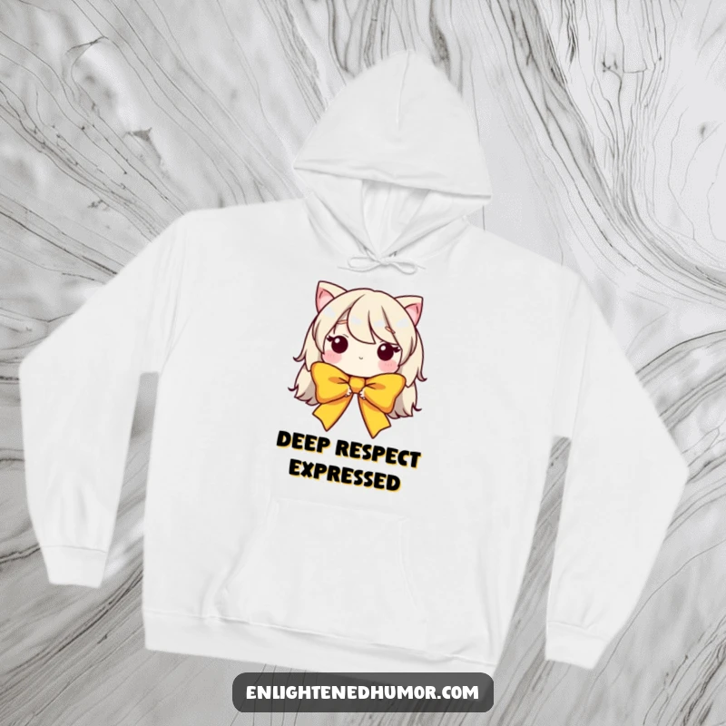 Funny hoodie with a humble bow character in a graceful, bowed form, offering warmth and a touch of polite humor. Cozy and stylish.