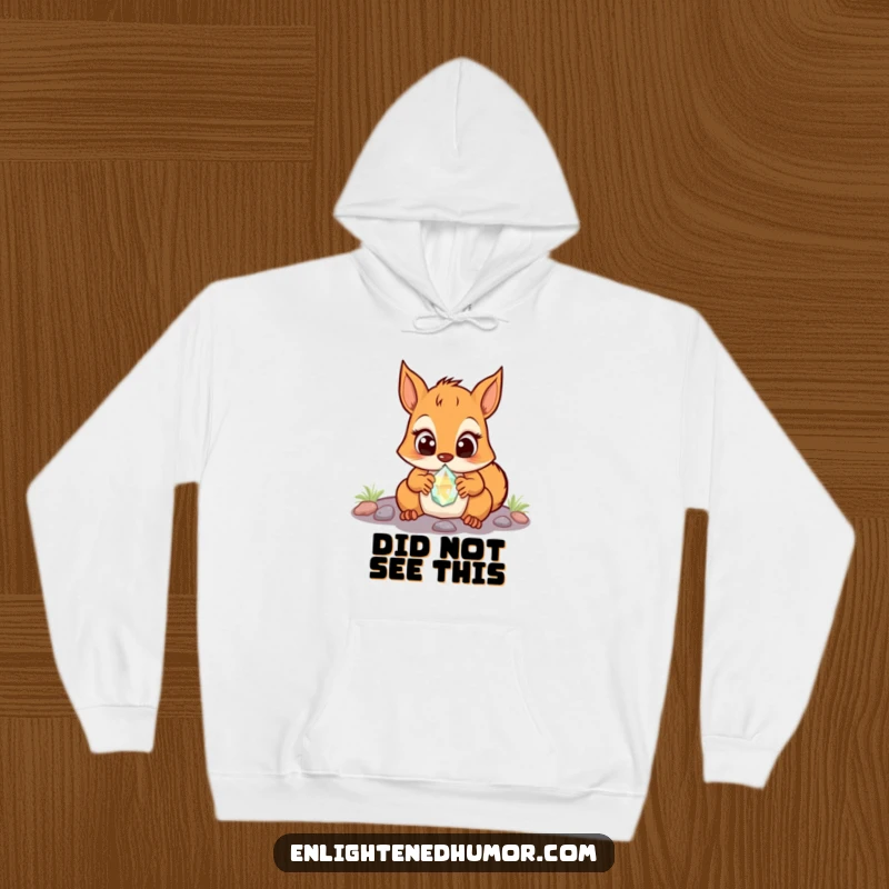 Funny Squirrel Hoodie: Comfortable hoodie featuring a surprised squirrel discovering a glowing crystal, eyes wide with amazement. Very cute.