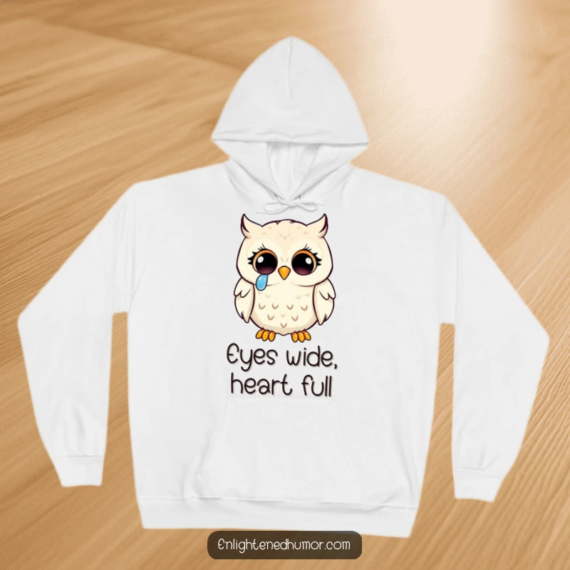 Funny kawaii owl hoodie, wise owl with enlightened eyes shedding a tear of joy, offering comfort and profound insight.