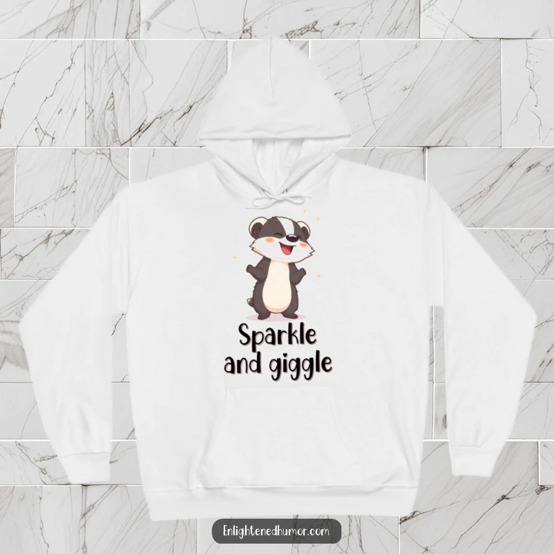 Funny hoodie with a giggling badger releasing sparkling dust, offering cozy warmth and magical vibes.