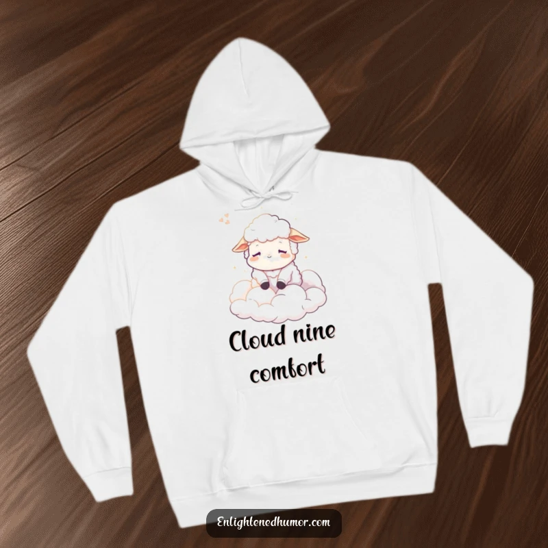 Funny Sheep Hoodie, a tranquil character dreaming peacefully amidst ethereal, soft-lit clouds, providing cozy warmth and humor.