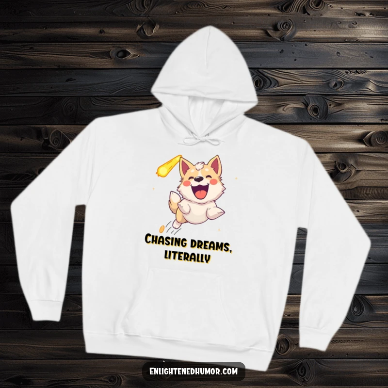 Funny celestial dog hoodie, capturing the ecstatic chase of a comet with a joyful, energetic bark.