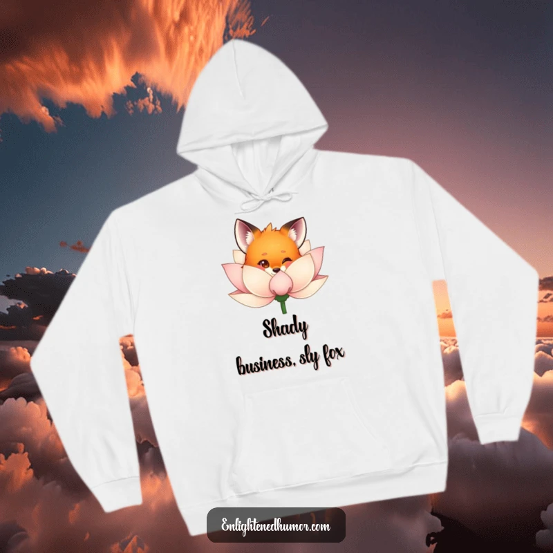 Funny fox hoodie design featuring a curious fox peeking from behind a shimmering lotus flower, embodying playful discovery and comfort.