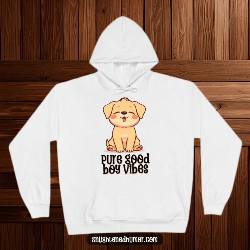 Funny hoodie featuring a happy dog sitting with eyes closed, emitting a gentle, warm aura of light, perfect for cozy relaxation.