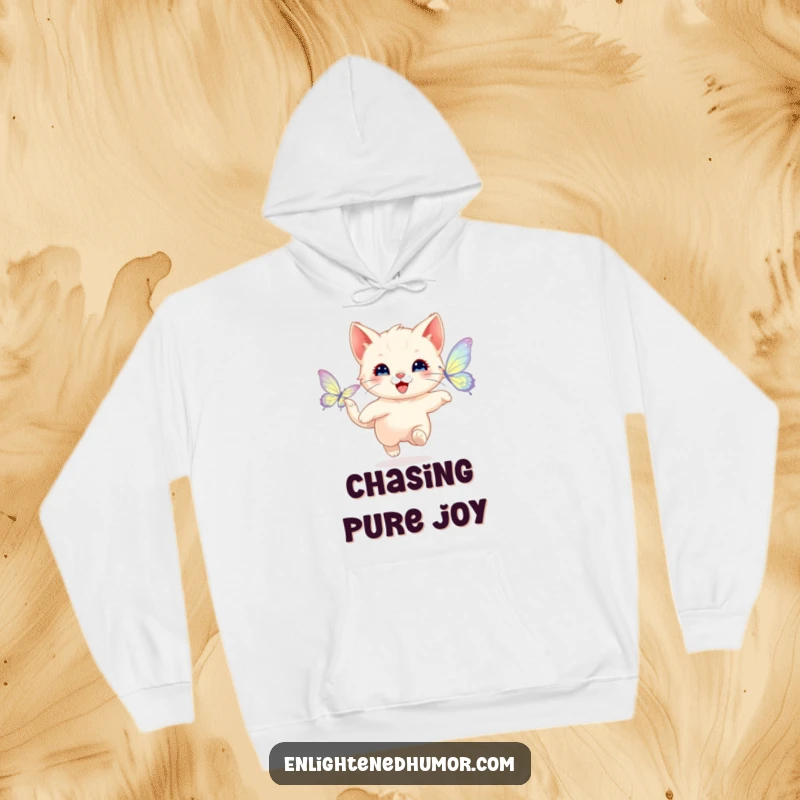 Funny hoodie featuring a happy kitten chasing a shimmering butterfly with radiant wings, perfect for cozy playfulness and lighthearted fun.