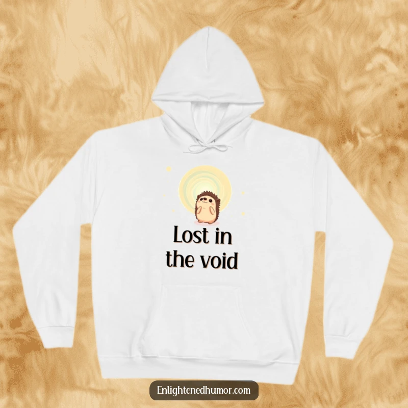 Funny hedgehog hoodie design with a cute animal observing a mesmerizing, swirling cosmic energy vortex; perfect for chilly nights.