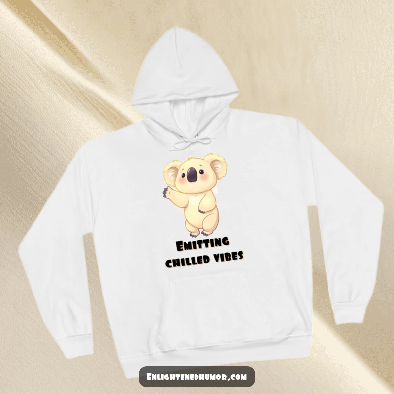 Funny hoodie featuring a glowing koala reaching upwards, emanating a gentle aura, perfect for cozy introspection and relaxation.