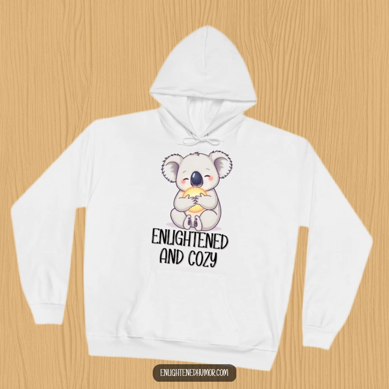 Funny hoodie with a serene koala embracing a radiant orb, offering cozy warmth and calm.