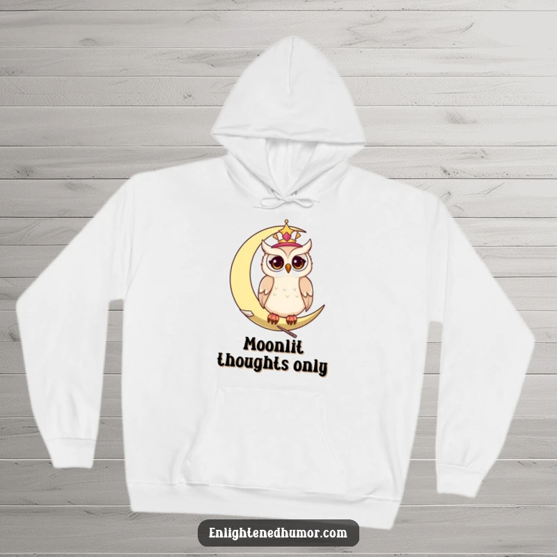Funny celestial owl hoodie, featuring a wise owl perched on a moon, its eyes twinkling with starlight.