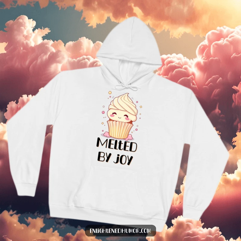 Funny cupcake hoodie, dissolving into pure bliss, body shimmering, cozy sweet euphoria, humorous sweatshirt.