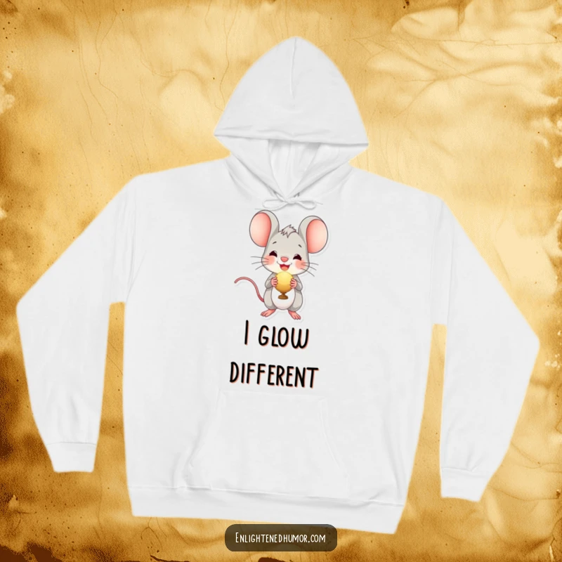 Funny hoodie featuring a cheerful mouse character holding a glowing radiant orb, perfect for cozy days and adding a touch of magic.