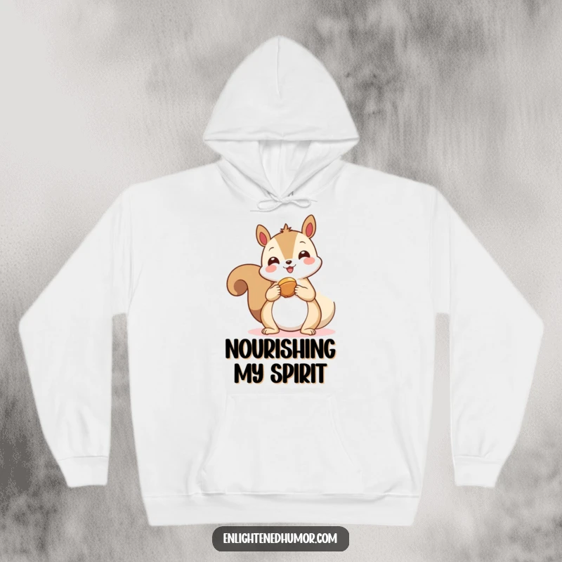 Funny kawaii squirrel hoodie, a happy squirrel offering a nut to a floating spiritual symbol, perfect for cozy generosity.