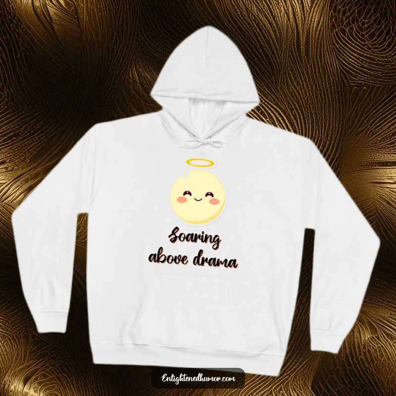 Funny smiling round moon character with a halo wearing a hoodie, floating upwards, comfortable and humorous apparel.