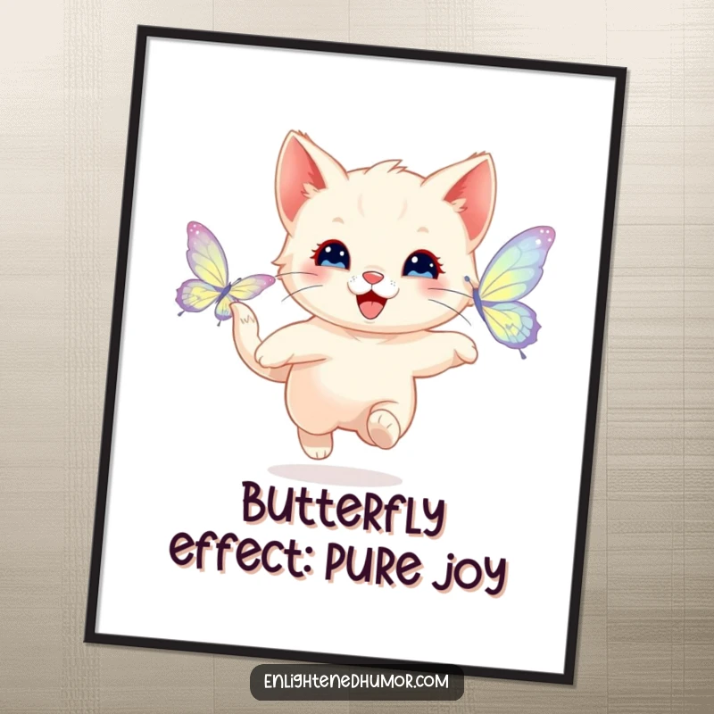 Free printable wall art capturing a happy kitten chasing a shimmering butterfly with radiant wings, embodying playful movement.