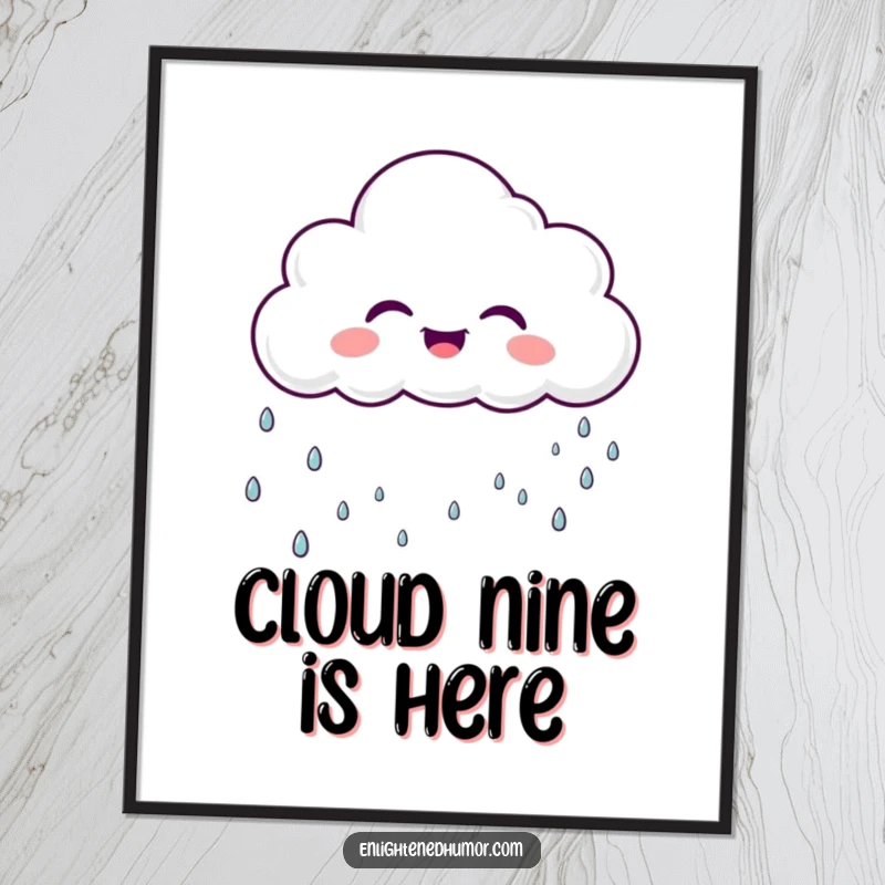 Funny Free Printable Wall Art featuring a laughing cloud character raining gentle, sparkly droplets, adding whimsical decor.