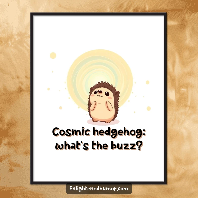 Funny Free Printable Wall Art: A curious hedgehog with wide eyes gazes into a vibrant, swirling cosmic energy vortex, adding quirky charm.