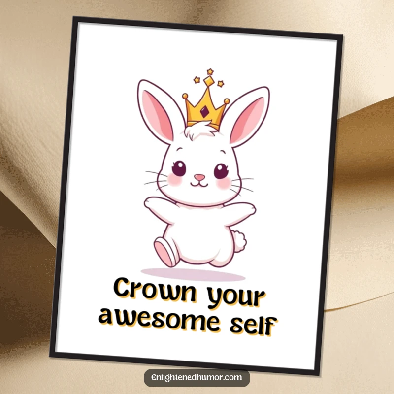 Funny Free Printable Royal Bunny Wall Art, a hopping bunny wearing a tiny shining crown, humorous and regal downloadable decor.