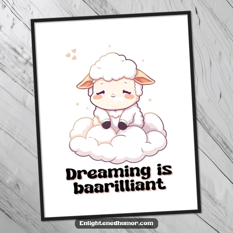 Free Printable Wall Art: Calm sheep character peacefully dreaming of fluffy clouds, bathed in soft, serene light.