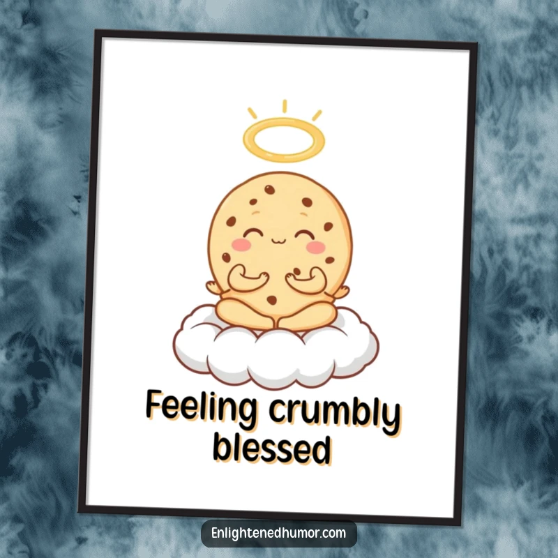 Funny Free Printable Wall Art: An exuberant cookie meditating on a cloud, a halo appearing above for a blessed and humorous vibe.