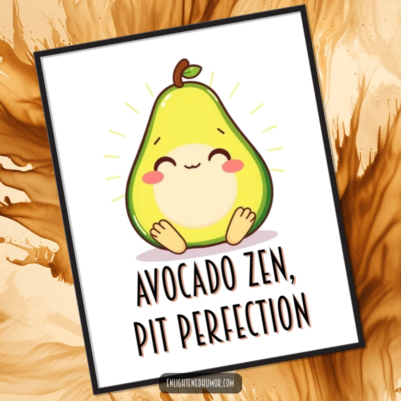 Funny Free Printable Avocado Zen Wall Art: Smiling avocado meditating peacefully, radiating a soft glow, a serene downloadable art piece.