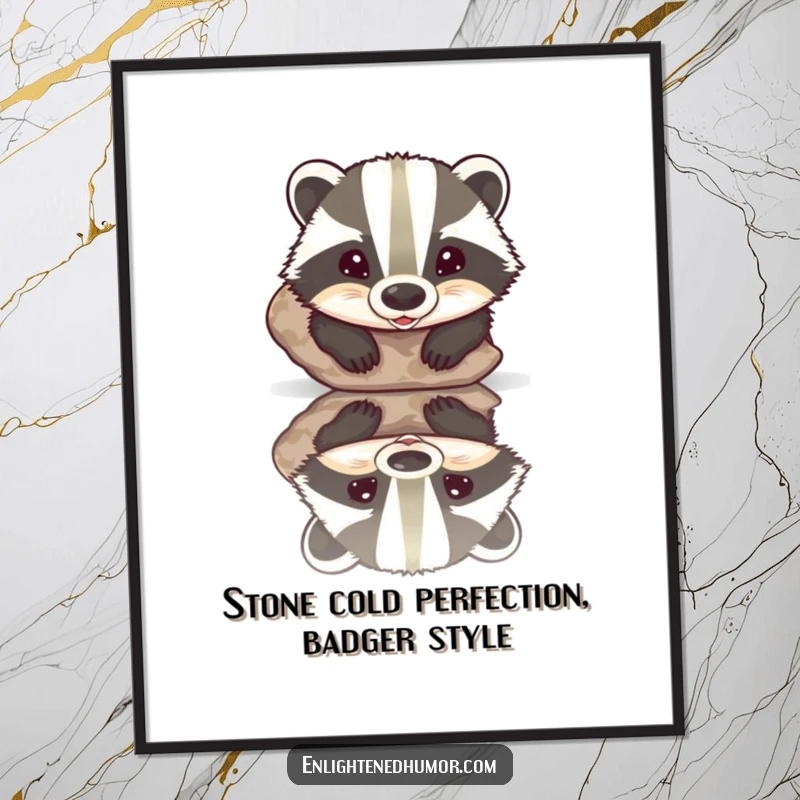 Funny Free Printable Badger Wall Art: A happy badger admiring its reflection in a super shiny stone, a perfect humorous poster.