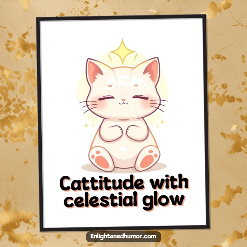 Funny Free Printable wall art: An enlightened celestial cat basks in soft, ethereal light, bringing a sense of peace and cosmic wonder to your decor.
