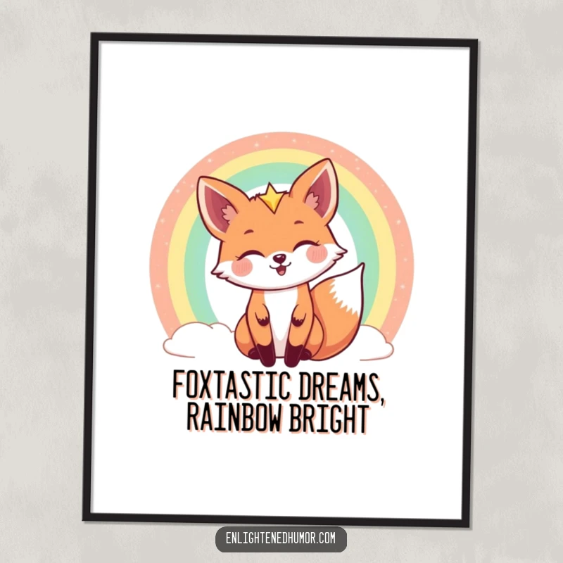 Funny Free Printable wall art: A joyful celestial fox peeks from behind a shimmering rainbow, adding a touch of magic and humor to your decor.
