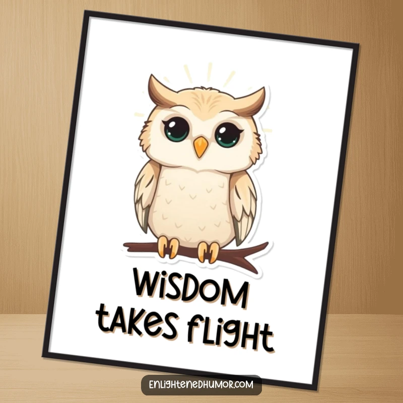 Funny Free Printable Wall Art of a wise owl perched peacefully, radiating gentle light, bringing serene and humorous energy to any room.