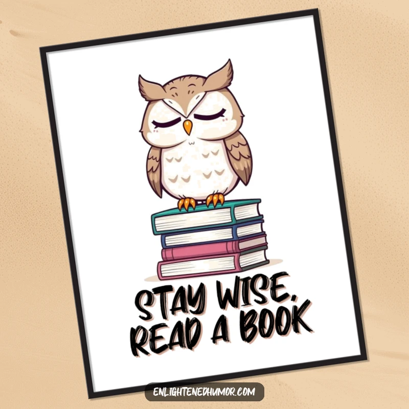 Free Printable wise owl perched on books, eyes closed in deep thought, literary wall art.
