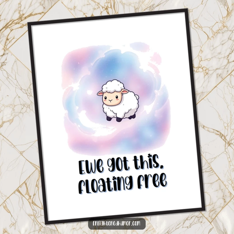 Funny Free Printable Sheep Wall Art: A serene sheep floating peacefully in a vibrant, swirling galaxy of stars and nebulae.