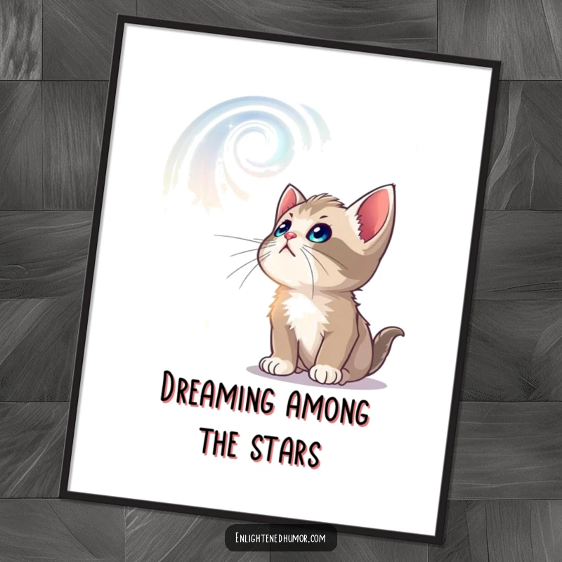 Funny Free Printable Wall Art: A curious kitten gazing in awe at swirling, luminous celestial designs.