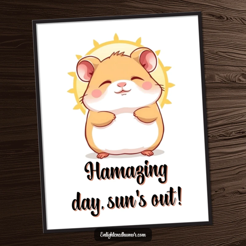 Funny Free Printable Wall Art depicting a contented hamster character blissfully basking in a soft sunbeam, radiating peace.