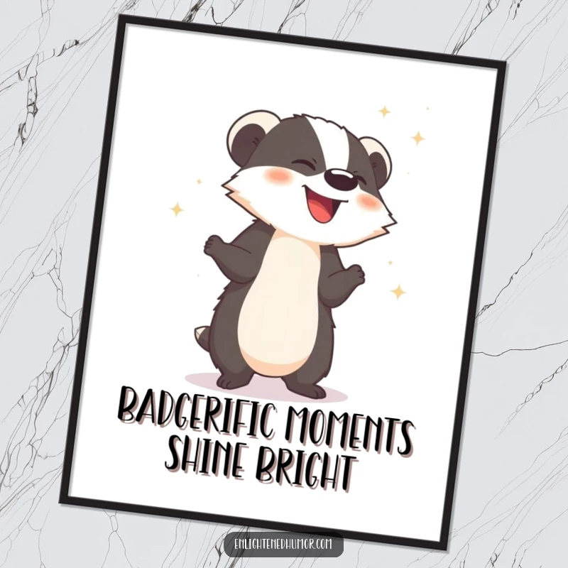 Funny Free Printable Wall Art of a giggling badger releasing a shower of sparkling dust, a whimsical downloadable piece.