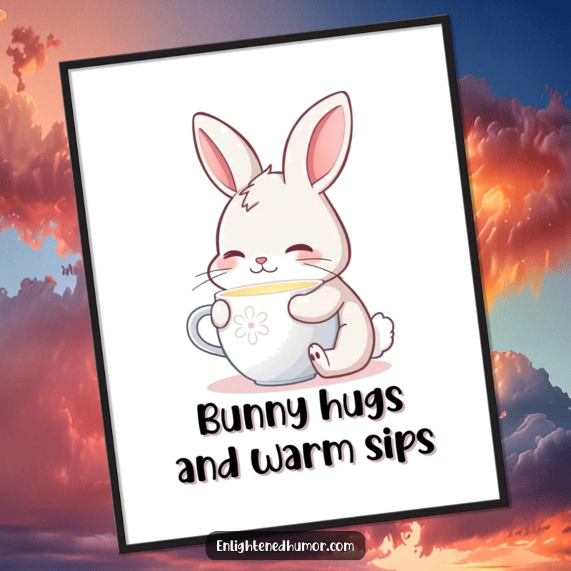 Funny Free Printable Wall Art: A contented bunny sippin from a cup emitting a soft, warm glow.