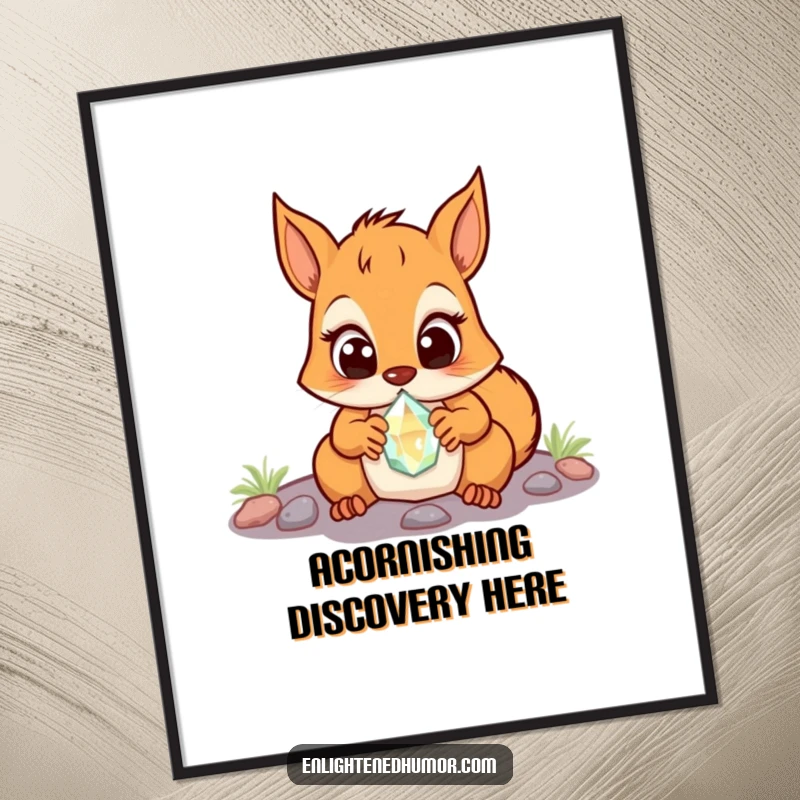 Funny Free Printable Wall Art: A wide-eyed squirrel in utter surprise discovers a small, luminous, glowing crystal.