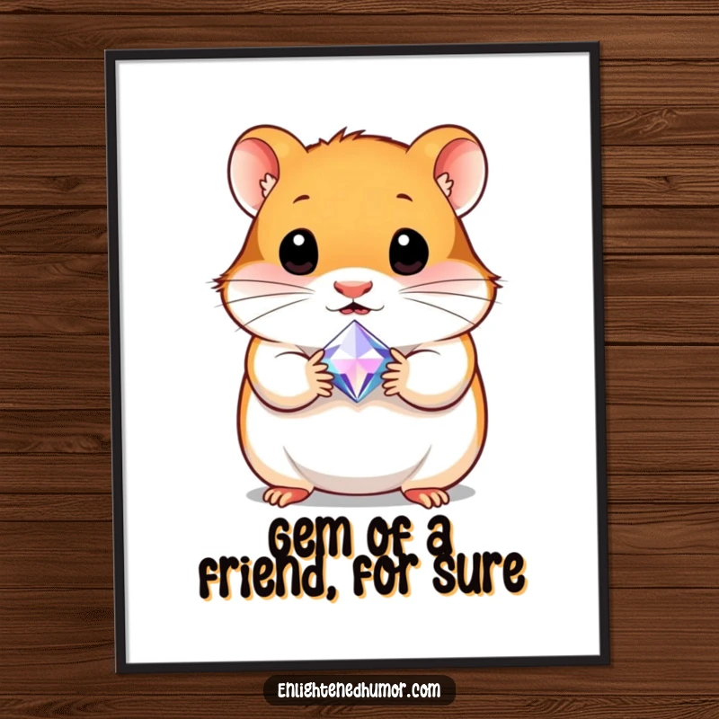Free Printable curious hamster holding a tiny radiant gem, cute and charming wall art.