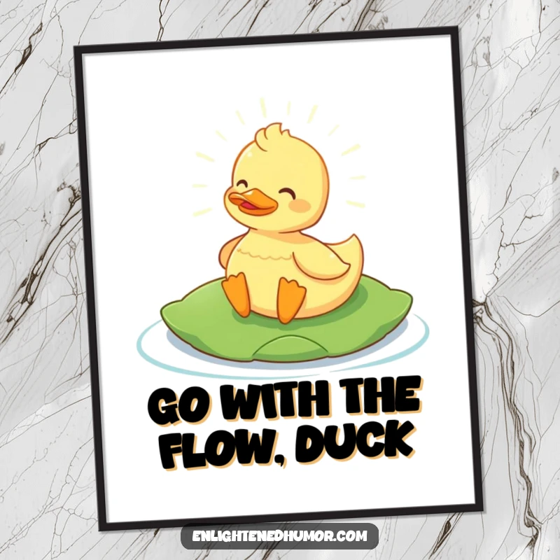 Funny Free Printable Wall Art: A serene content duck floats on a lily pad, radiating a gentle, humorous light.