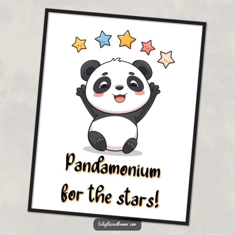 Funny Free Printable Wall Art of a playful panda grinning while reaching for ascending stars, a whimsical downloadable piece.