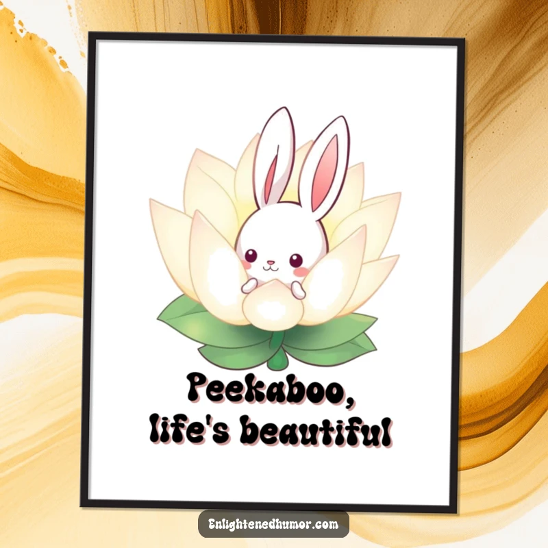 Free printable wall art of a curious bunny peeking from behind a softly glowing lotus flower, creating a tranquil scene.
