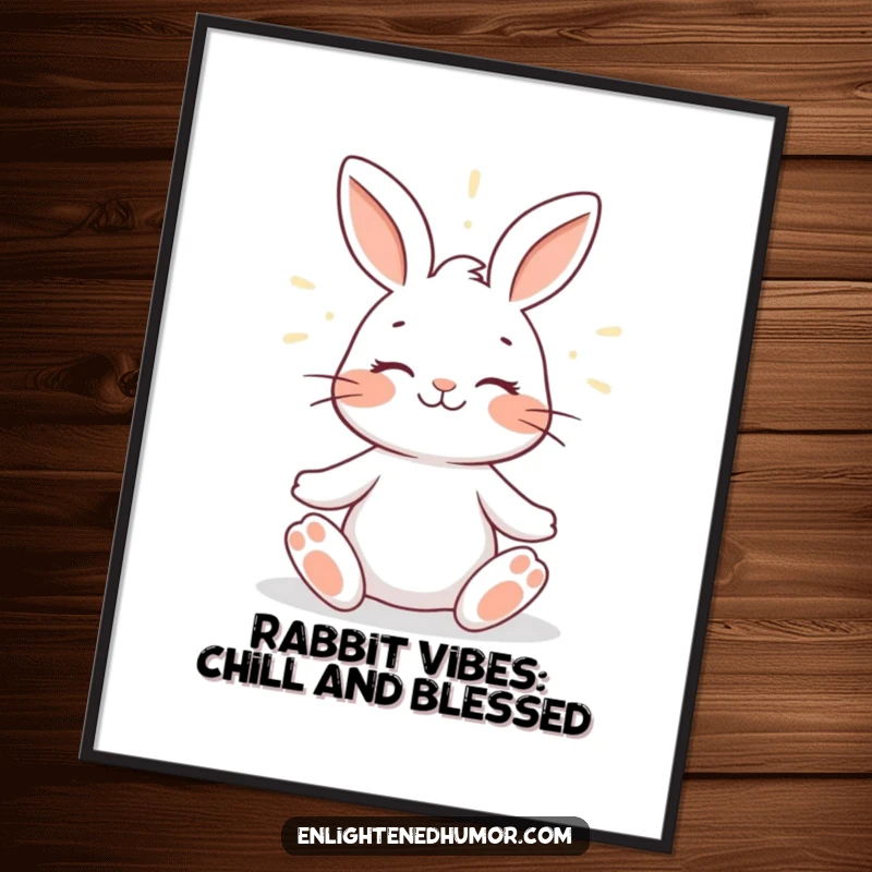 Funny free printable wall art, a smiling rabbit deep in meditation, with a luminous halo of peaceful light.