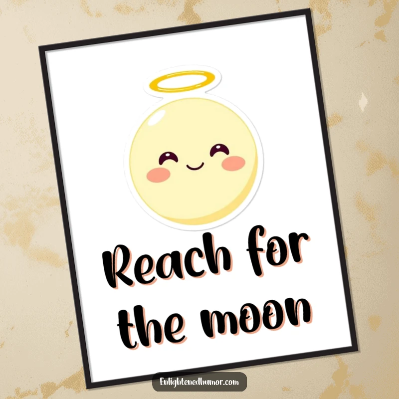 Funny Free Printable Wall Art showing a smiling moon character with a halo floating upwards, adding celestial charm.