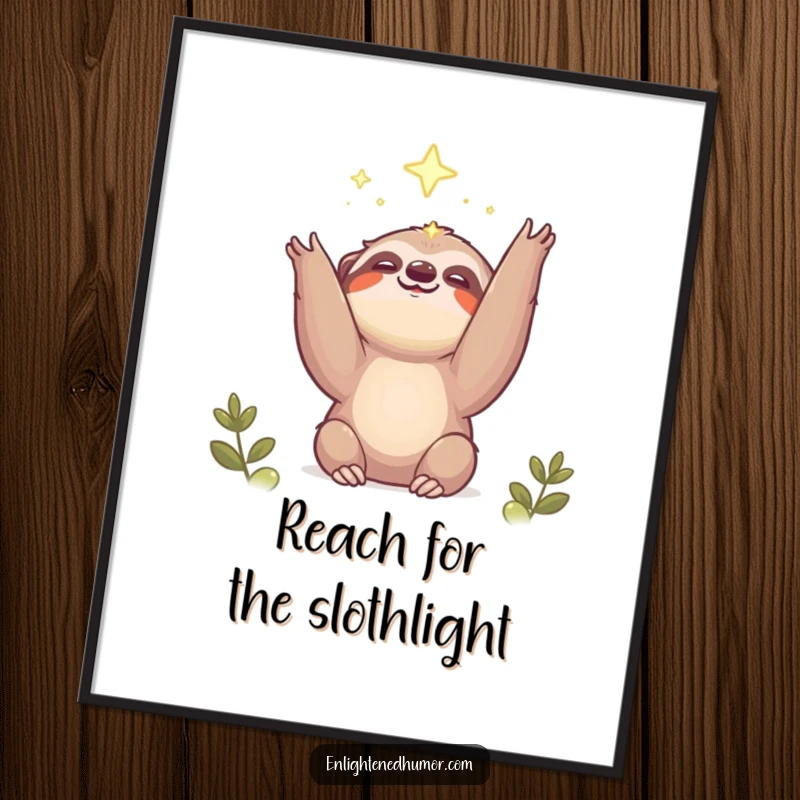 Funny Free Printable Wall Art: A smiling kawaii sloth reaches upwards towards a shimmering, ephemeral light, bringing a message of hope and calm.