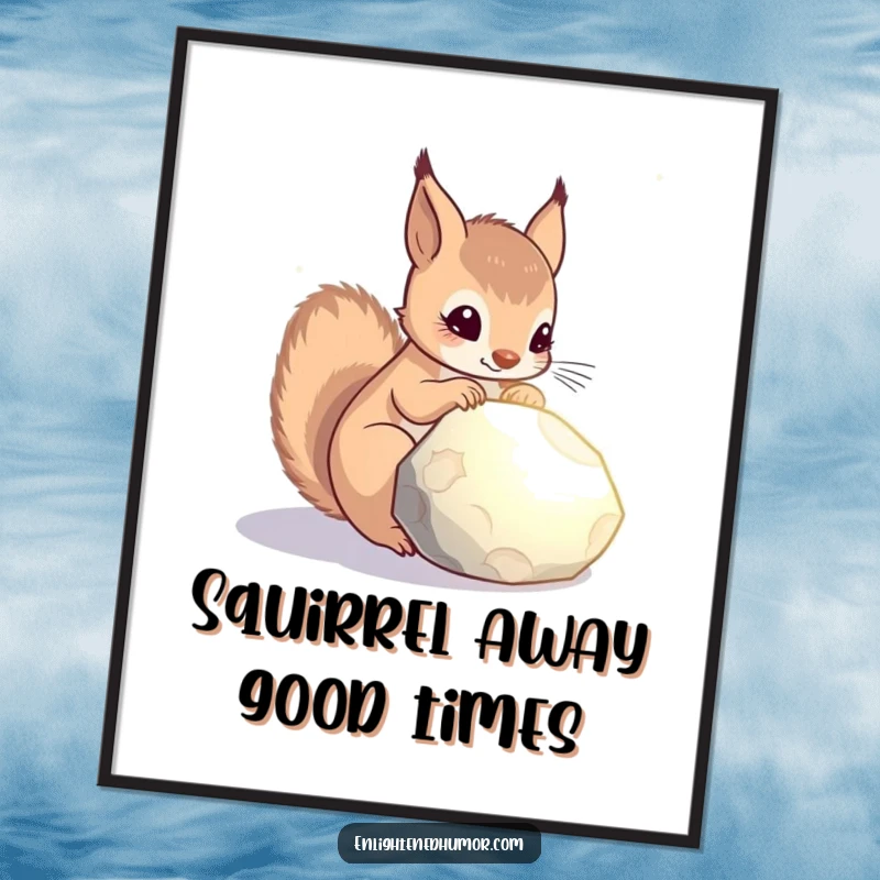 Funny Free Printable Wall Art: A curious celestial squirrel contemplating a perfectly smooth, glowing stone, inviting wonder.