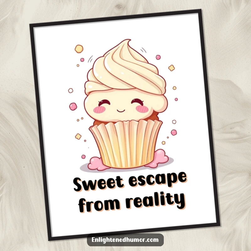 Funny Free Printable wall art of a shimmering cupcake dissolving into pure bliss, creating a serene and joyful atmosphere.