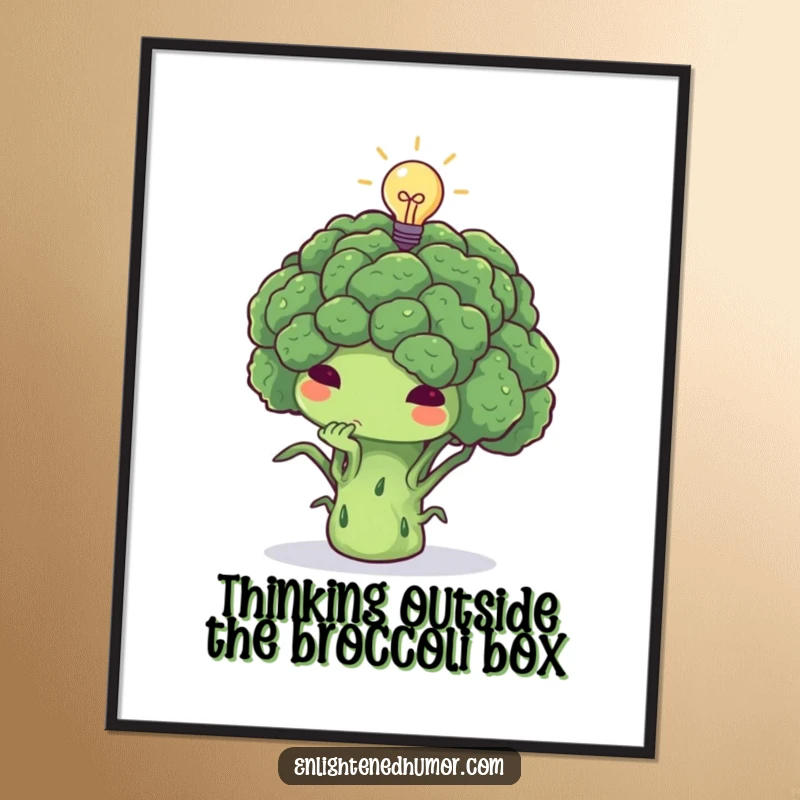 Funny Free Printable wall art of a thoughtful broccoli deep in thought, a tiny lightbulb glowing above, symbolizing a bright idea.