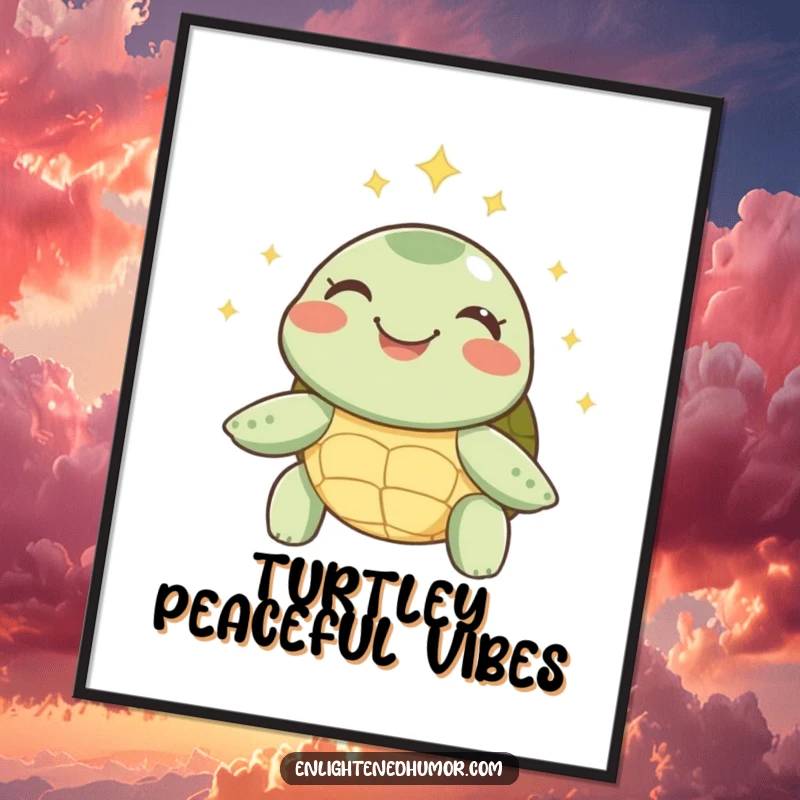 Funny Free Printable Wall Art: A joyful turtle beaming with inner peace, a halo of soft, gentle sparks surrounding its head.