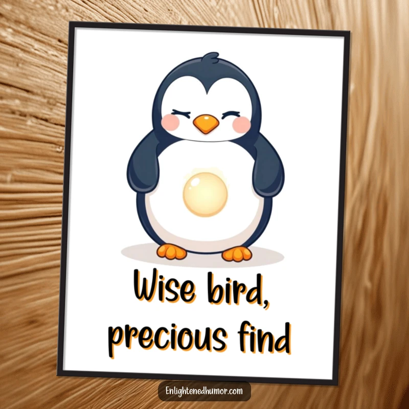 Funny Free Printable Winking Penguin Wall Art, a penguin winking and discovering a luminous pearl, humorous and charming downloadable decor.